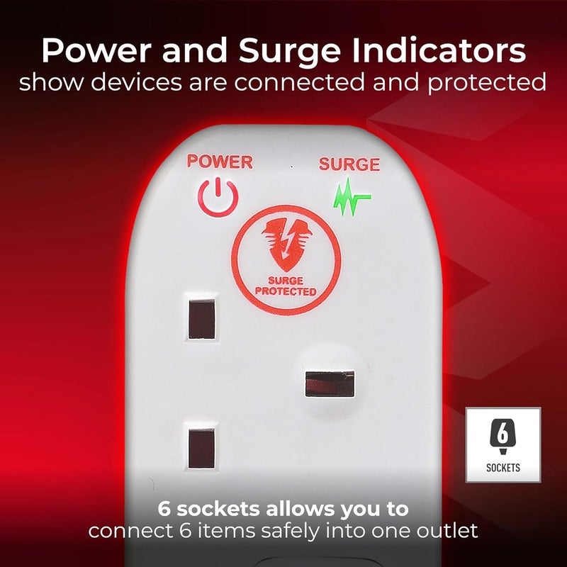 Masterplug Six Socket Power Surge Protected Extension Lead with Individual Switches, 2 Metres, 46 x 5.5 x 3 cm, White - Image 2