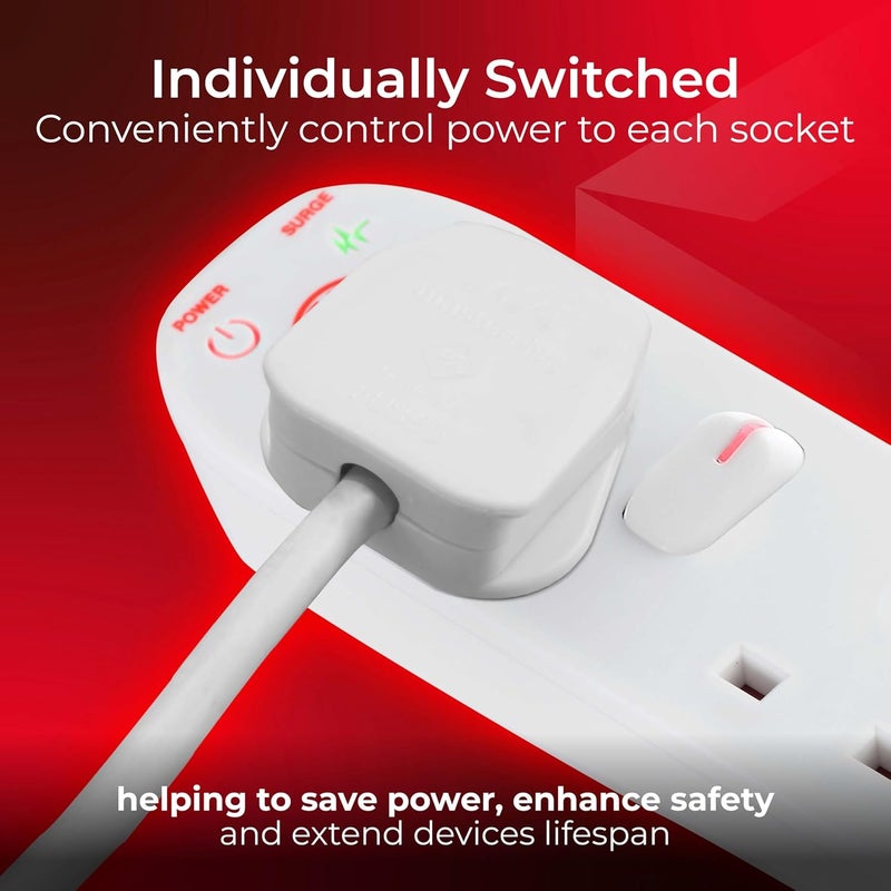 Masterplug Six Socket Power Surge Protected Extension Lead with Individual Switches, 2 Metres, 46 x 5.5 x 3 cm, White - Image 3