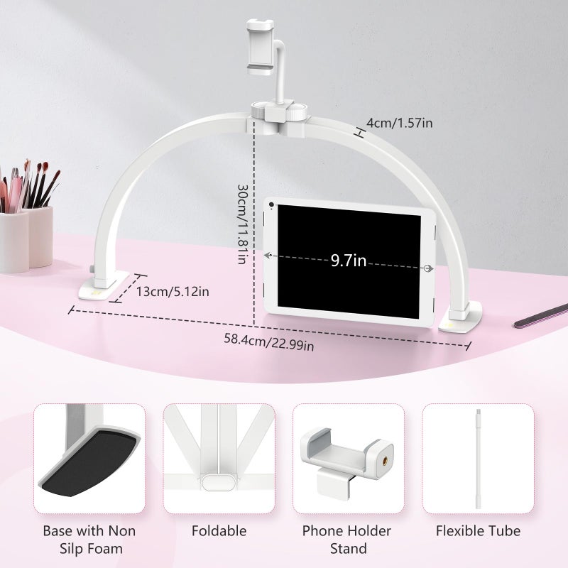 Yokilly Half Moon Light for Nail Desk: 23" Foldable Half Moon Desk Lamp with Phone Holder for Beginner - Arch Nail Tech Light with 3 Color Modes & 10 Brightness for Manicure Salon (White, Small) - Image 4