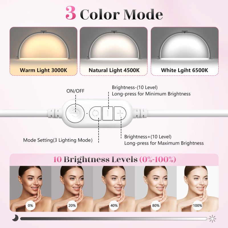 Yokilly Half Moon Light for Nail Desk: 23" Foldable Half Moon Desk Lamp with Phone Holder for Beginner - Arch Nail Tech Light with 3 Color Modes & 10 Brightness for Manicure Salon (White, Small) - Image 3