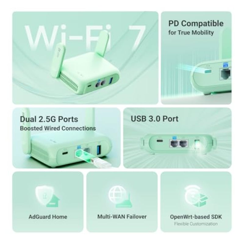 راوتر السفر المحمول للسيارة والأعمال: Wi-Fi 7 ثنائي النطاق 688+2882 ميجابت في الثانية، منافذ 2.5 جيجا بايت مزدوجة، USB 3.0، WireGuard 1100 ميجابت في الثانية، OpenWrt 21.02، WPA3، AdGuard Home، 205 جرام - Image 4