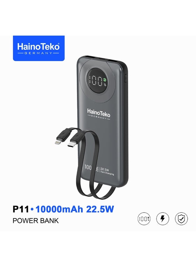 Haino Teko P11 10000mAh 22.5W Fast Charging Power Bank with LED Display and Built-in Cables Black - Image 1