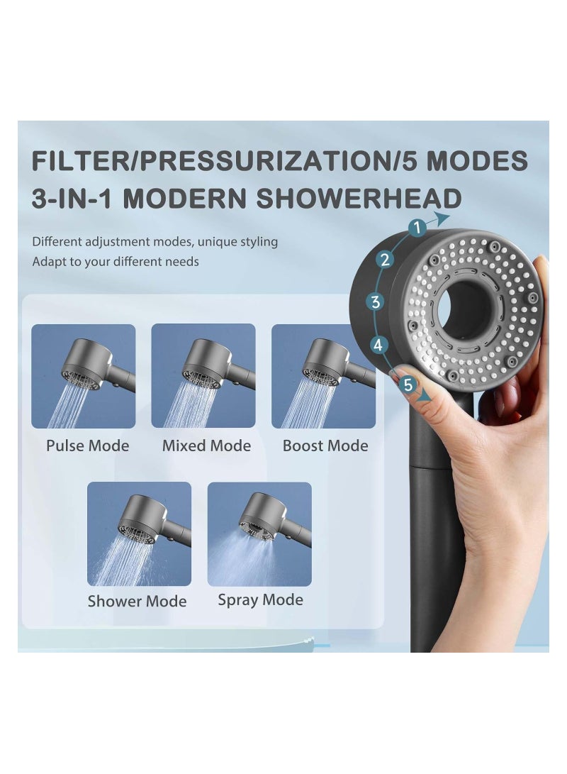 رأس دش فلتر دش، 5 أوضاع ضغط عالي دش محمول مع حامل خرطوم الدش، فلتر ماء صلب لإزالة الشوائب الكلور، منعم ماء - Image 2