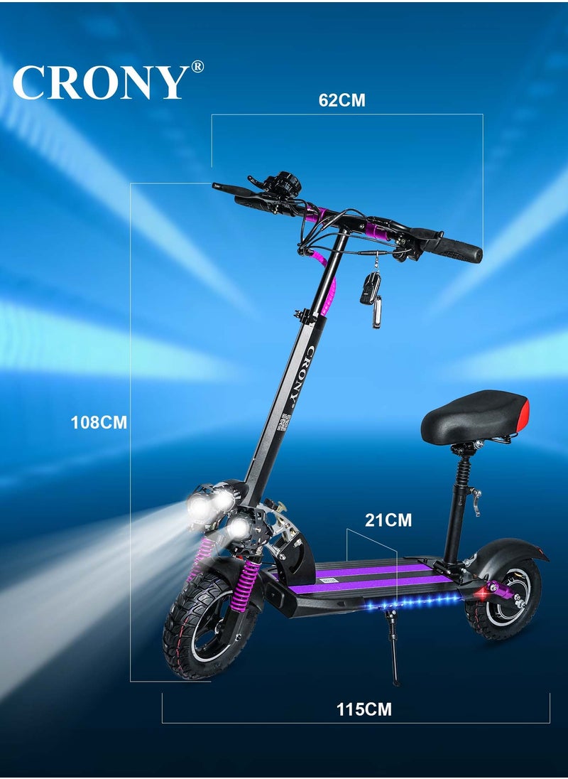 Crony - V10 Fast Speed E-Scooter 1200W Motor 48v/12ah,10" Off-Road Wide Tires,Dual Suspension/Hydraulic Disc Brakes E-Bike, Triple Led Headlamps, All-Terrain, Easy Foldable, Portable Commuter Electric Scooter For Adults & Kids, 120kg Load Skateboard Aluminum Frame, Urban Mobility，Purple - Image 1