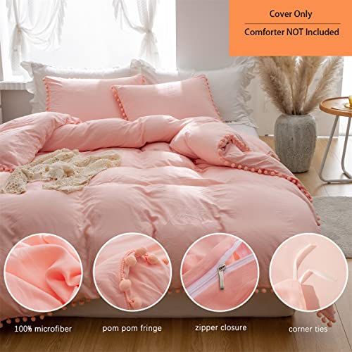 IHOUSTRIY Kid's Duvet Cover Twin Size,100% Washed Microfiber 2pcs Girl Bedding Duvet Cover Set, Pom Poms Fringe Solid Color Soft and Breathable with Zipper Closure & Corner Ties (Peach Pink, Twin) - Image 2