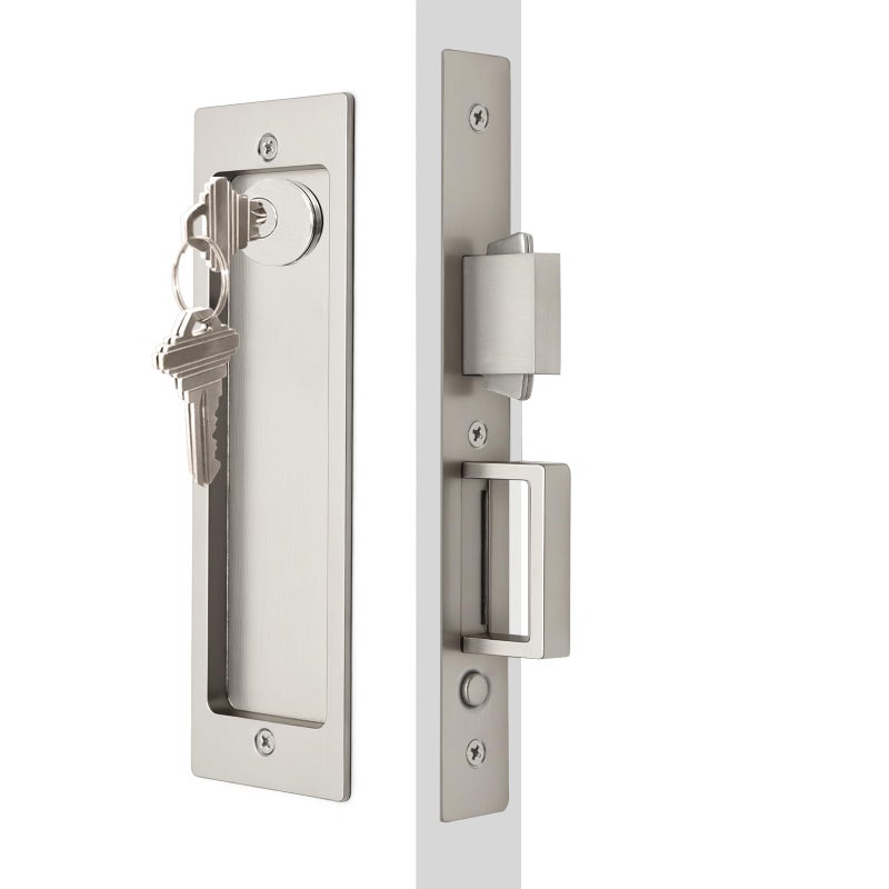 Dontay Rectangular Pocket Door Mortise Lock and Edge Pull Narrow Modern Sliding Door PopUp Handle BedBath Pull Latch Recessed Hardware for 1 38 to 2 316 Thickness Keyed Lock Brushed Nickel - Image 2