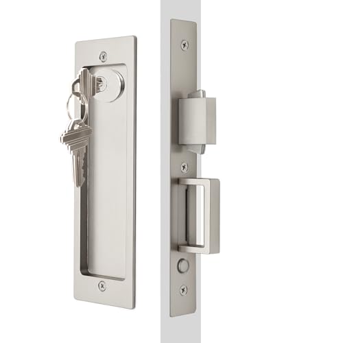 Dontay Rectangular Pocket Door Mortise Lock and Edge Pull Narrow Modern Sliding Door PopUp Handle BedBath Pull Latch Recessed Hardware for 1 38 to 2 316 Thickness Keyed Lock Brushed Nickel - Image 1