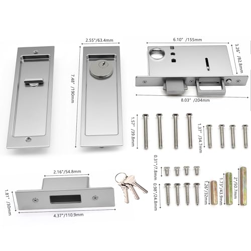 Dontay Rectangular Pocket Door Mortise Lock and Edge Pull Narrow Modern Sliding Door PopUp Handle BedBath Pull Latch Recessed Hardware for 1 38 to 2 316 Thickness Keyed Lock Brushed Nickel - Image 3