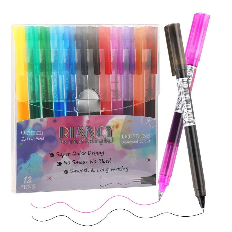 RIANCY Fine Point Colored Pens 12 Colors 0.5mm Gel Ballpoint Pens Assorted Colors Liquid Ink Pens No Smear Vibrant Colorful Writing for Journaling Note Taking Doodling Coloring Office School Supplies - Image 1