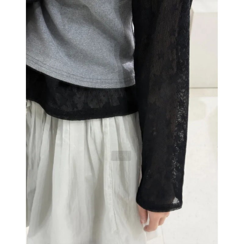 Summer Korean Dongdaemun Japanese Y2K Style See-Through Pentagram Lace Star Mesh Long-Sleeve T-Shirt Base Layer - Image 5