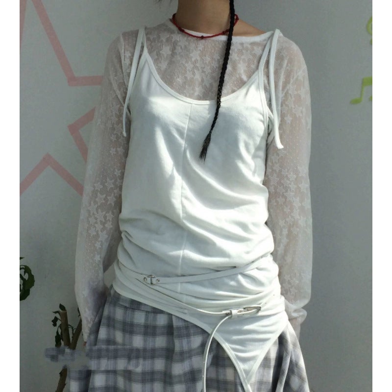 Summer Korean Dongdaemun Japanese Y2K Style See-Through Pentagram Lace Star Mesh Long-Sleeve T-Shirt Base Layer - Image 1