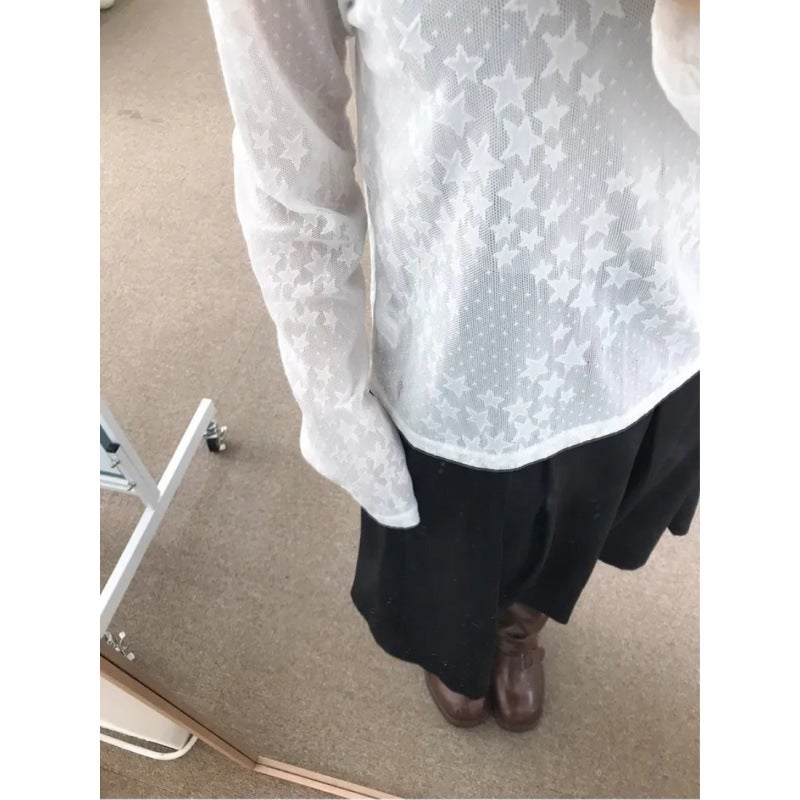 Summer Korean Dongdaemun Japanese Y2K Style See-Through Pentagram Lace Star Mesh Long-Sleeve T-Shirt Base Layer - Image 4