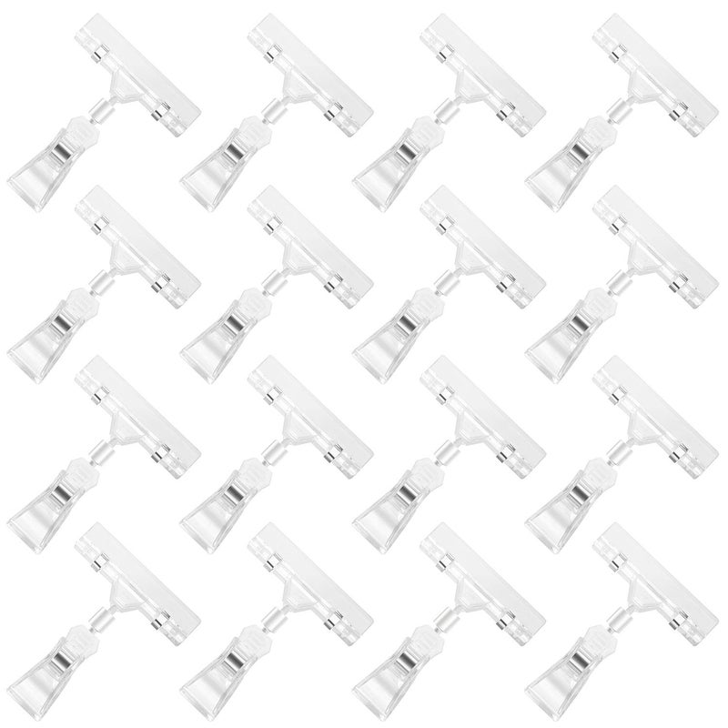 Mlici 16 Pieces Clear Sign Clips Plastic Merchandise Rotatable Pop Clip Sign Holder Stand Swivel Clips Clothing Rack Signs Double Display Clips for Retail Baskets Cards