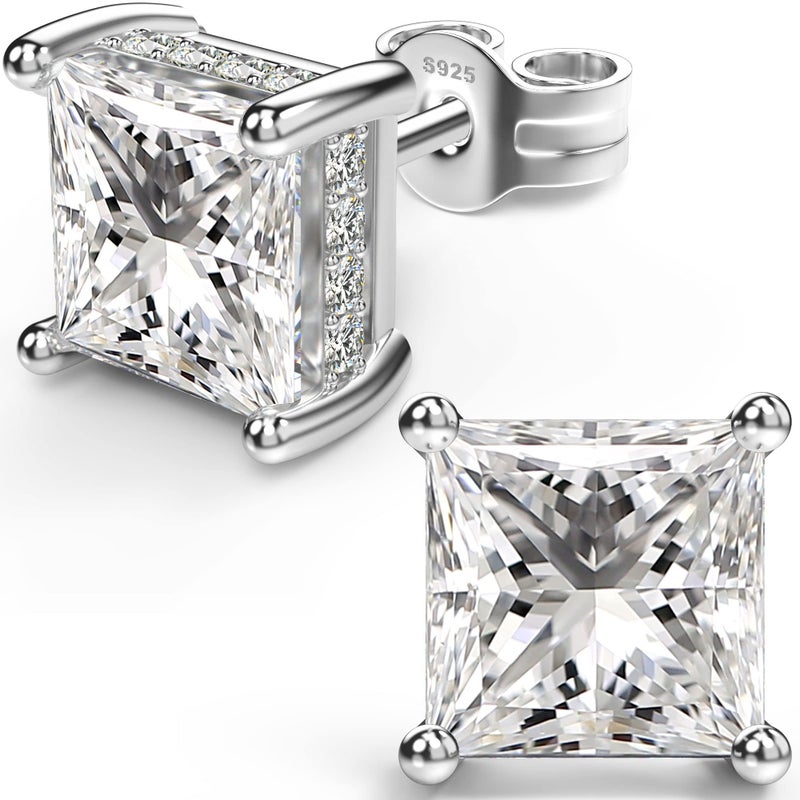 NEOSHOW 18K White Gold Plated Sterling Silver Princess Cut Cubic Zirconia Stud Earrings Square Simulated Diamond CZ Stud Earrings for Women Men Hypoallergenic (7MM, White Gold) - Image 1