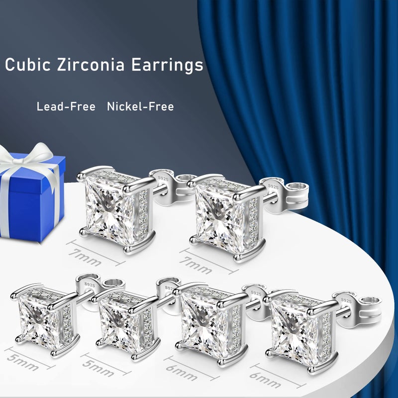 NEOSHOW 18K White Gold Plated Sterling Silver Princess Cut Cubic Zirconia Stud Earrings Square Simulated Diamond CZ Stud Earrings for Women Men Hypoallergenic (7MM, White Gold) - Image 5