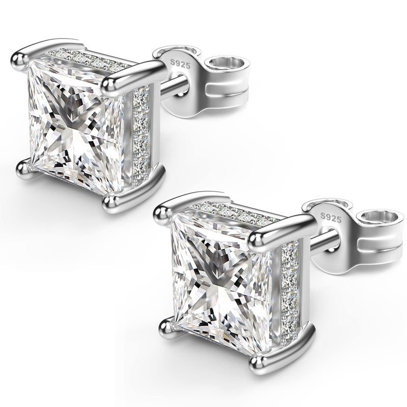 NEOSHOW 18K White Gold Plated Sterling Silver Princess Cut Cubic Zirconia Stud Earrings Square Simulated Diamond CZ Stud Earrings for Women Men Hypoallergenic (7MM, White Gold) - Image 2