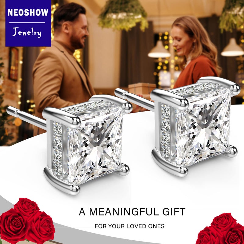 NEOSHOW 18K White Gold Plated Sterling Silver Princess Cut Cubic Zirconia Stud Earrings Square Simulated Diamond CZ Stud Earrings for Women Men Hypoallergenic (7MM, White Gold) - Image 4