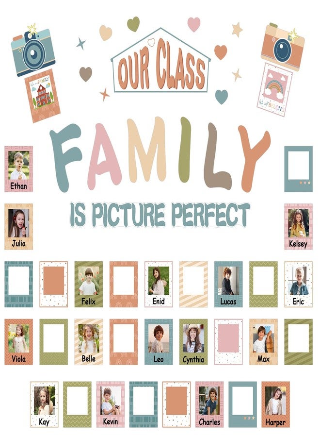 COCHIE مجموعة ديكور لوحة إعلانات الفصل الدراسي من كوتشي بوهو، 56 قطعة، ديكور باب الفصل، ديكور لوحة إعلانات صور "فصلنا عائلة"، مستلزمات أساسية للمعلمين للعودة إلى المدرسة (بوهو) - Image 1