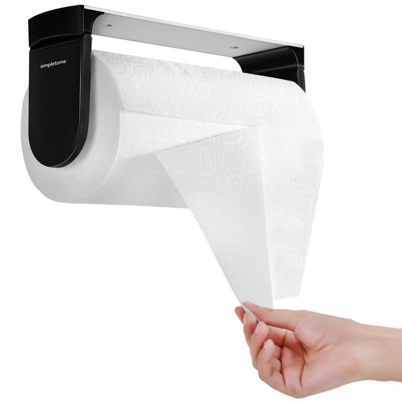 simpletome ONE HAND TEAR Paper Towel Holder Under Cabinet Adhesive or Drilling Installation Aluminum Alloy  ABS Black