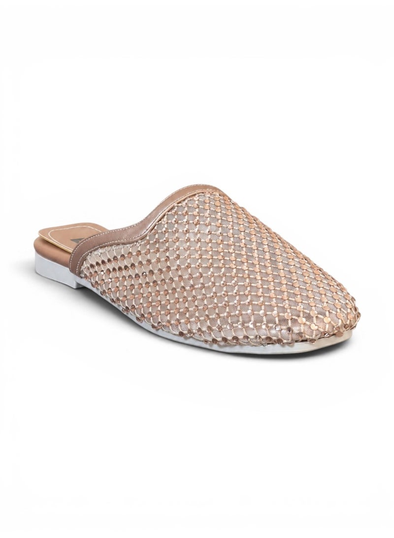 LIFESTYLISH Mule flat leather Diamond-studded mesh design SB-706 - Rose-Gold - Image 2