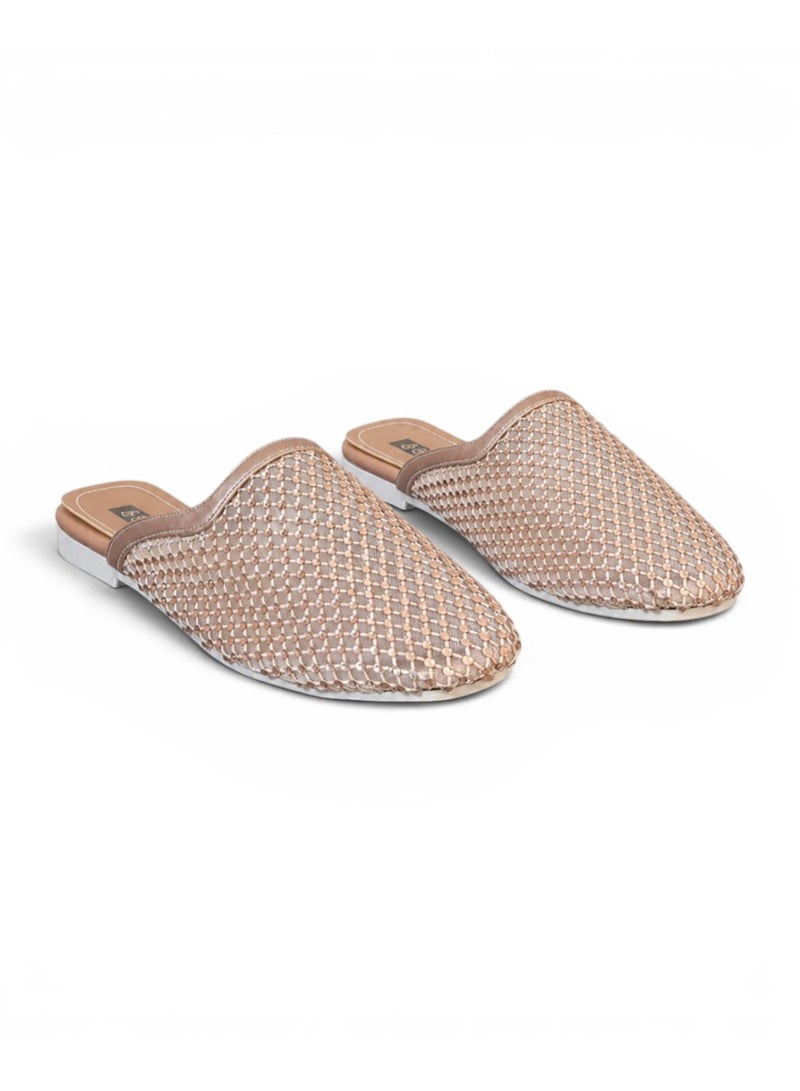 LIFESTYLISH Mule flat leather Diamond-studded mesh design SB-706 - Rose-Gold - Image 1