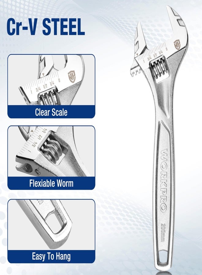 ووركبرو مفتاح ربط WORKPRO قابل للتعديل، مفتاح ربط شديد التحمل مقاس 8 بوصات بمقياس بوصة/متري، مصنوع من فولاذ Cr-V عالي الجودة، مطلي بالكروم - Image 5