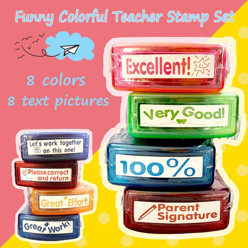 Bertiveny Teacher Stamps for Grading Classroom，Parent Signature Teacher Self-Inking Stamp Set Stamps for Homework Teacher Supplies with 8 pcs - Image 2