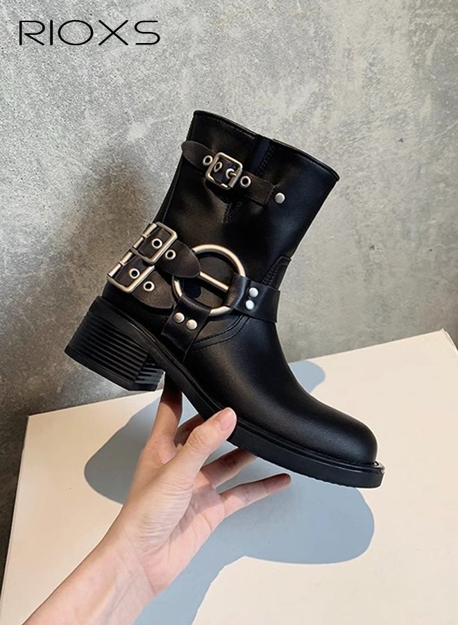 RIOXS Women's Mid Calf Boots, Chunky Heel Moto Boots, Fashion Buckle Square Toe Boots, Ladies Wide Calf Biker Boots, Soild Black Motorcycle Booties, Comfortable Boots for Dates/ Countryside Outings/ Parties - Image 2