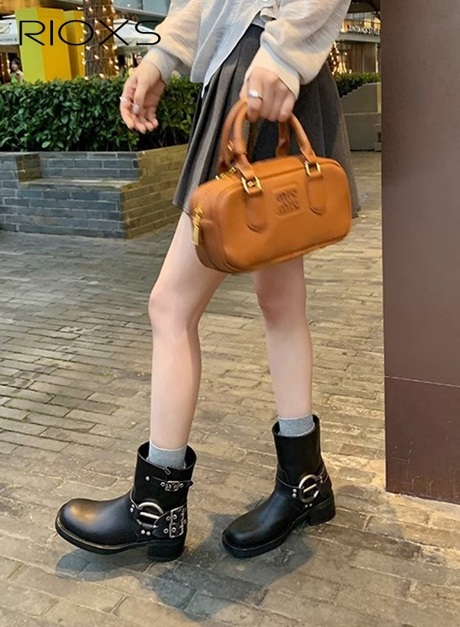 RIOXS Women's Mid Calf Boots, Chunky Heel Moto Boots, Fashion Buckle Square Toe Boots, Ladies Wide Calf Biker Boots, Soild Black Motorcycle Booties, Comfortable Boots for Dates/ Countryside Outings/ Parties - Image 5