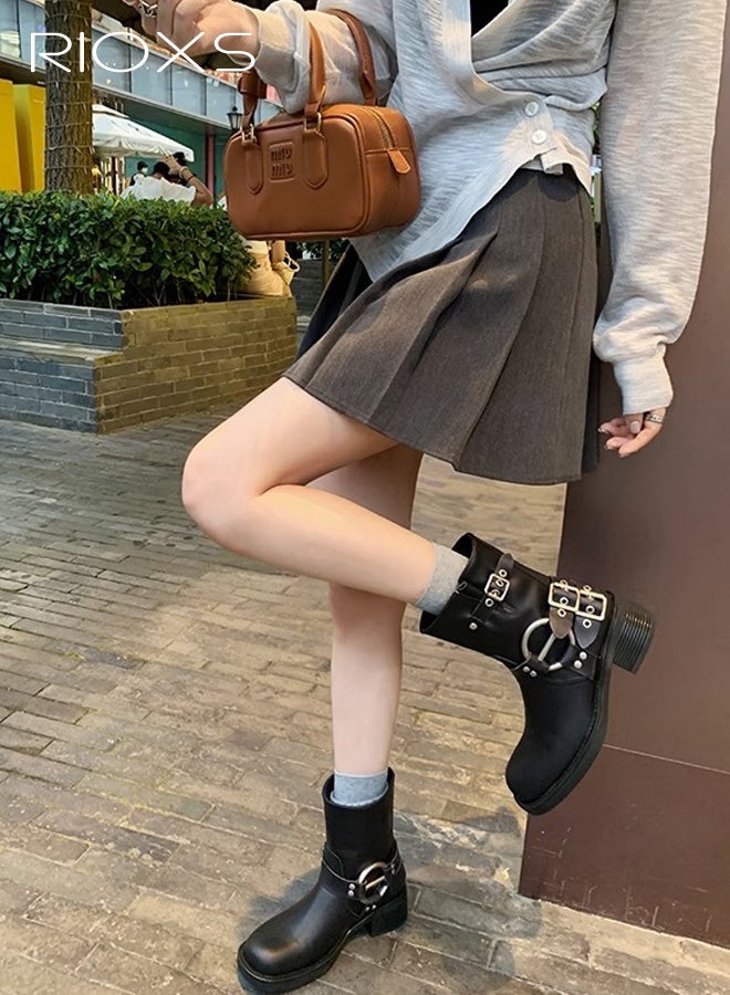 RIOXS Women's Mid Calf Boots, Chunky Heel Moto Boots, Fashion Buckle Square Toe Boots, Ladies Wide Calf Biker Boots, Soild Black Motorcycle Booties, Comfortable Boots for Dates/ Countryside Outings/ Parties - Image 4