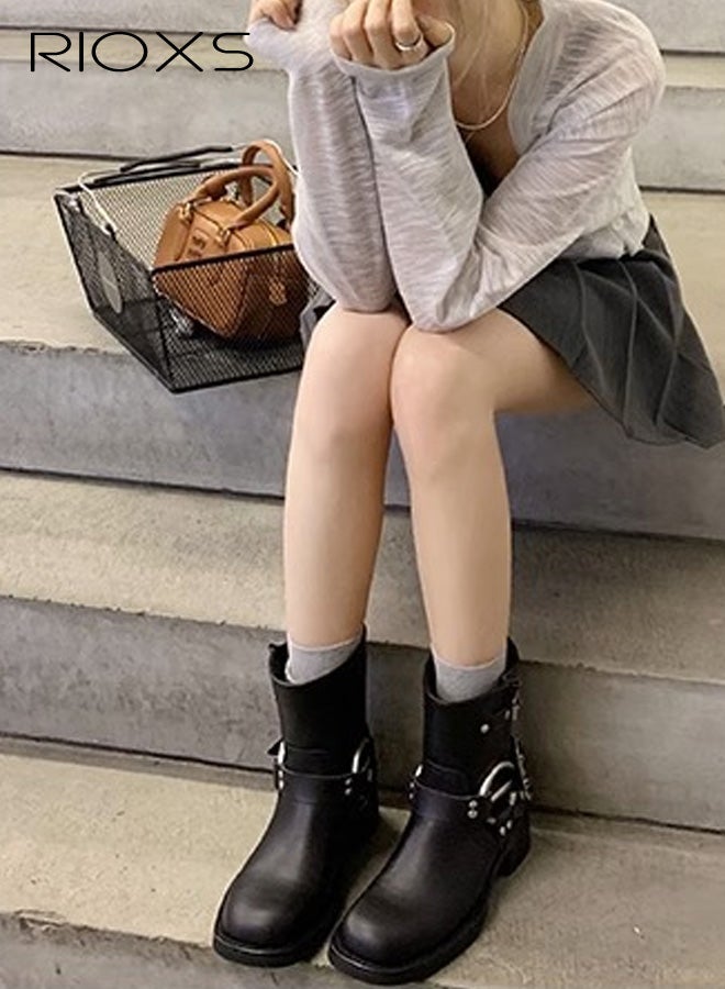 RIOXS Women's Mid Calf Boots, Chunky Heel Moto Boots, Fashion Buckle Square Toe Boots, Ladies Wide Calf Biker Boots, Soild Black Motorcycle Booties, Comfortable Boots for Dates/ Countryside Outings/ Parties - Image 1