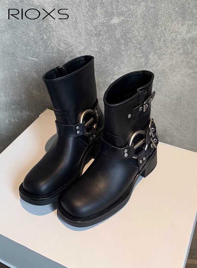 RIOXS Women's Mid Calf Boots, Chunky Heel Moto Boots, Fashion Buckle Square Toe Boots, Ladies Wide Calf Biker Boots, Soild Black Motorcycle Booties, Comfortable Boots for Dates/ Countryside Outings/ Parties - Image 2