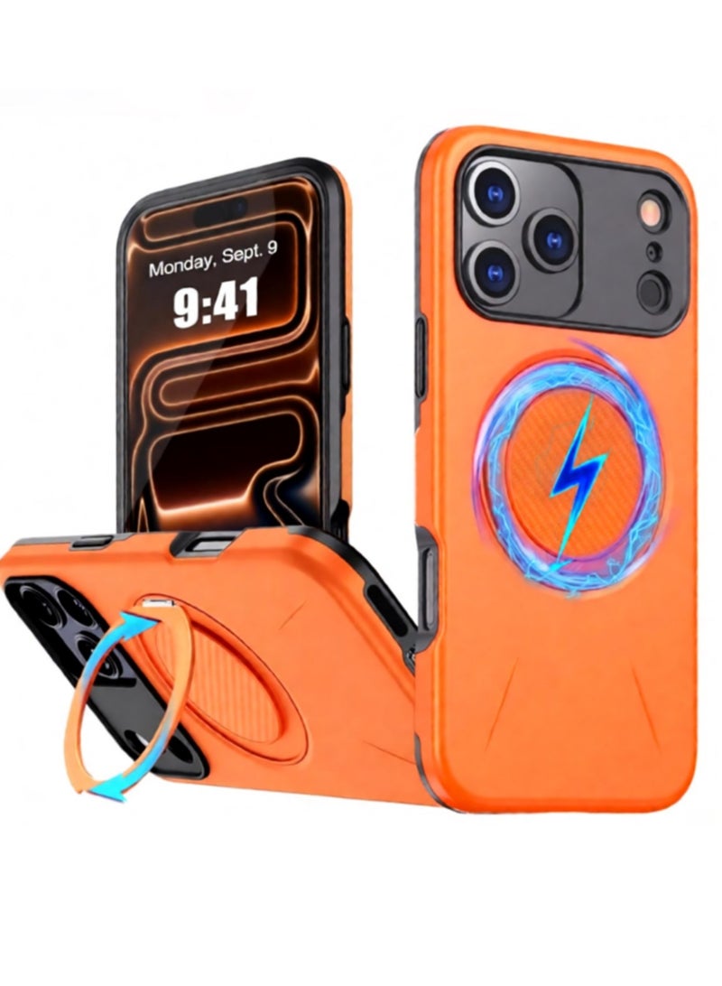 Abania iPhone 17 Pro Case MagSafe Magnetic Phone Case 360° Rotating Ring Stand Military Grade Drop Proof Case Heavy Duty Shockproof Kickstand Car Mount Anti Fingerprint Orange Slim Cover for iPhone 17 Pro - Image 1