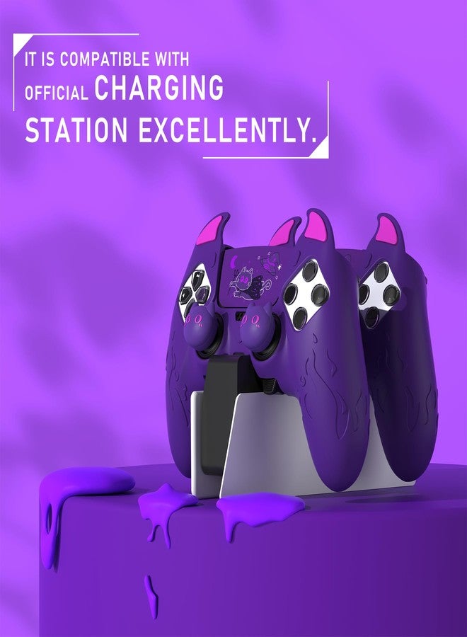 جراب سيليكون PlayVital بتصميم شيطان لطيف لجهاز تحكم PS5 Edge، غطاء حماية لجهاز التحكم بتصميم كاواي، جراب حماية لجهاز PS5 Edge مع ملصق لوحة اللمس وأغطية مقابض الإبهام - بنفسجي - Image 3