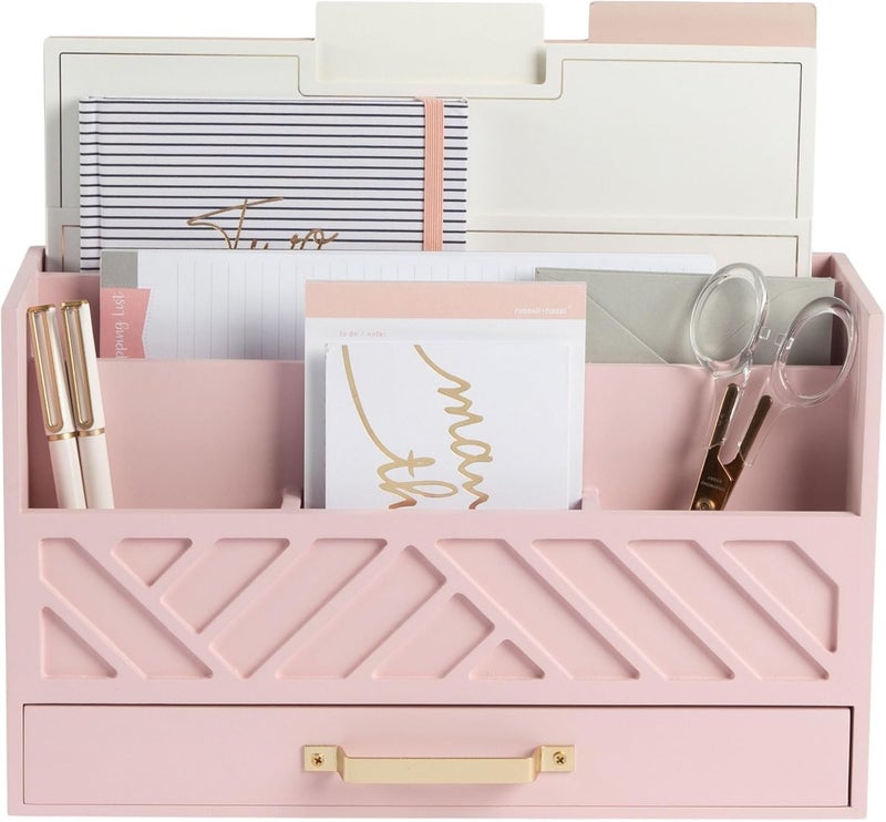 Blu Monaco Pink Wooden Desk Organizer With Storage Drawer and Gold Handle | Desktop Mail Sorter and Stationery Holder for Home Office | 4.6” x 12.4” x 7.5” Multi-Compartment Accessory Organizer - Image 1