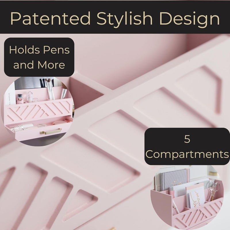 Blu Monaco Pink Wooden Desk Organizer With Storage Drawer and Gold Handle | Desktop Mail Sorter and Stationery Holder for Home Office | 4.6” x 12.4” x 7.5” Multi-Compartment Accessory Organizer - Image 5