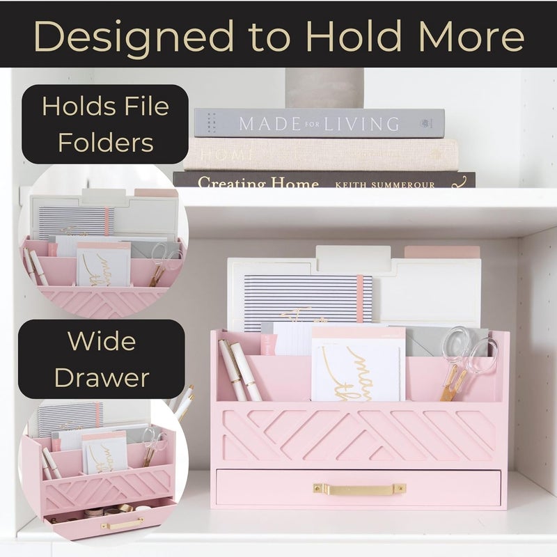 Blu Monaco Pink Wooden Desk Organizer With Storage Drawer and Gold Handle | Desktop Mail Sorter and Stationery Holder for Home Office | 4.6” x 12.4” x 7.5” Multi-Compartment Accessory Organizer - Image 4