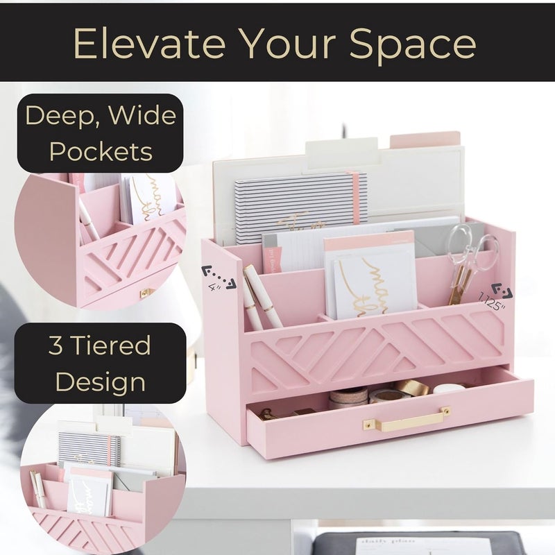 Blu Monaco Pink Wooden Desk Organizer With Storage Drawer and Gold Handle | Desktop Mail Sorter and Stationery Holder for Home Office | 4.6” x 12.4” x 7.5” Multi-Compartment Accessory Organizer - Image 3