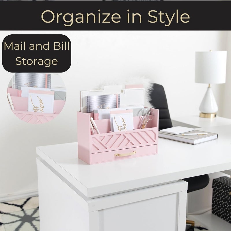 Blu Monaco Pink Wooden Desk Organizer With Storage Drawer and Gold Handle | Desktop Mail Sorter and Stationery Holder for Home Office | 4.6” x 12.4” x 7.5” Multi-Compartment Accessory Organizer - Image 2