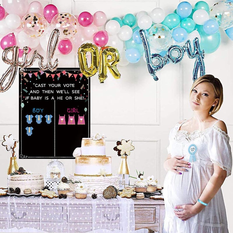 QKDS Gender Reveal Party Decoration, Gender Reveal Voting Stand Chalkboard Design with Voting Stickers, 54pcs Stickers 40pcs Silicone Wristbands for Revealing Party Baby Shower - Image 4