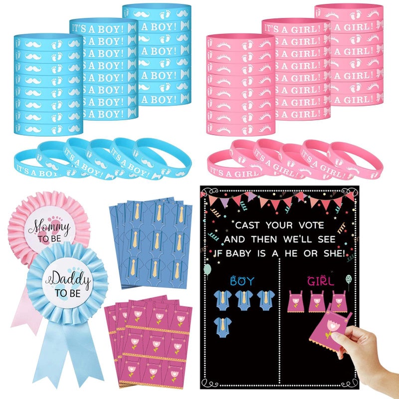 QKDS Gender Reveal Party Decoration, Gender Reveal Voting Stand Chalkboard Design with Voting Stickers, 54pcs Stickers 40pcs Silicone Wristbands for Revealing Party Baby Shower - Image 1