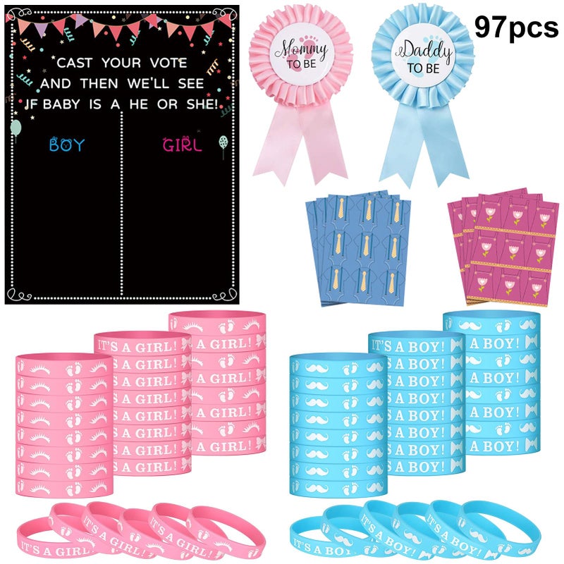 QKDS Gender Reveal Party Decoration, Gender Reveal Voting Stand Chalkboard Design with Voting Stickers, 54pcs Stickers 40pcs Silicone Wristbands for Revealing Party Baby Shower - Image 2