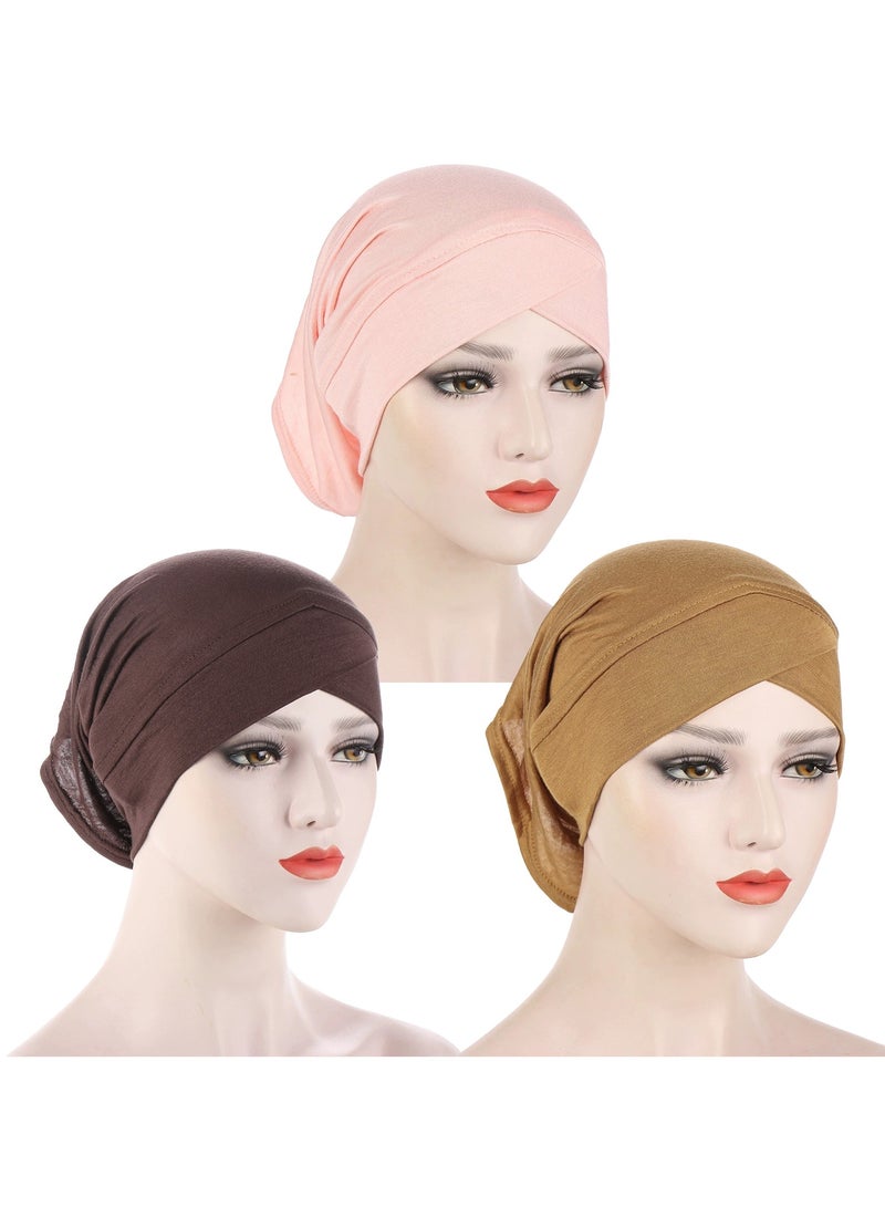 Muslim Inner Hijab Caps, Full Coverage Undercap, Breathable Stretchy Bonnet, 3 Pack,Gold Coffee Pink - Image 1