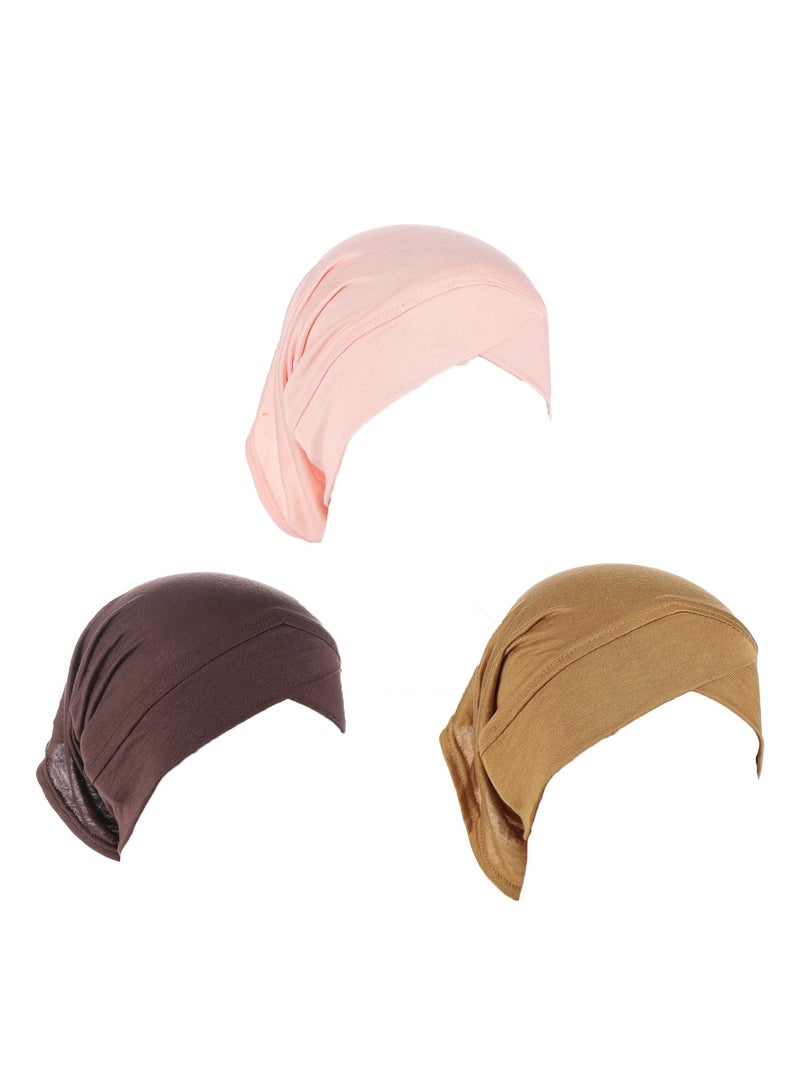 Muslim Inner Hijab Caps, Full Coverage Undercap, Breathable Stretchy Bonnet, 3 Pack,Gold Coffee Pink - Image 3