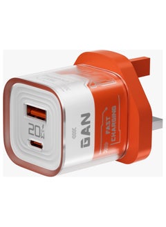 porodo Crystal Shell GaN Wall Charger PD 20W Fast Charging UK Plug with 1.2M Lightning Cable Included / USB-A & USB-C Output / Transparent Design / Over-Heat Protection / Simultaneous Charging - Orange  - Image 2