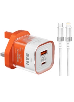 porodo Crystal Shell GaN Wall Charger PD 20W Fast Charging UK Plug with 1.2M Lightning Cable Included / USB-A & USB-C Output / Transparent Design / Over-Heat Protection / Simultaneous Charging - Orange  - Image 3