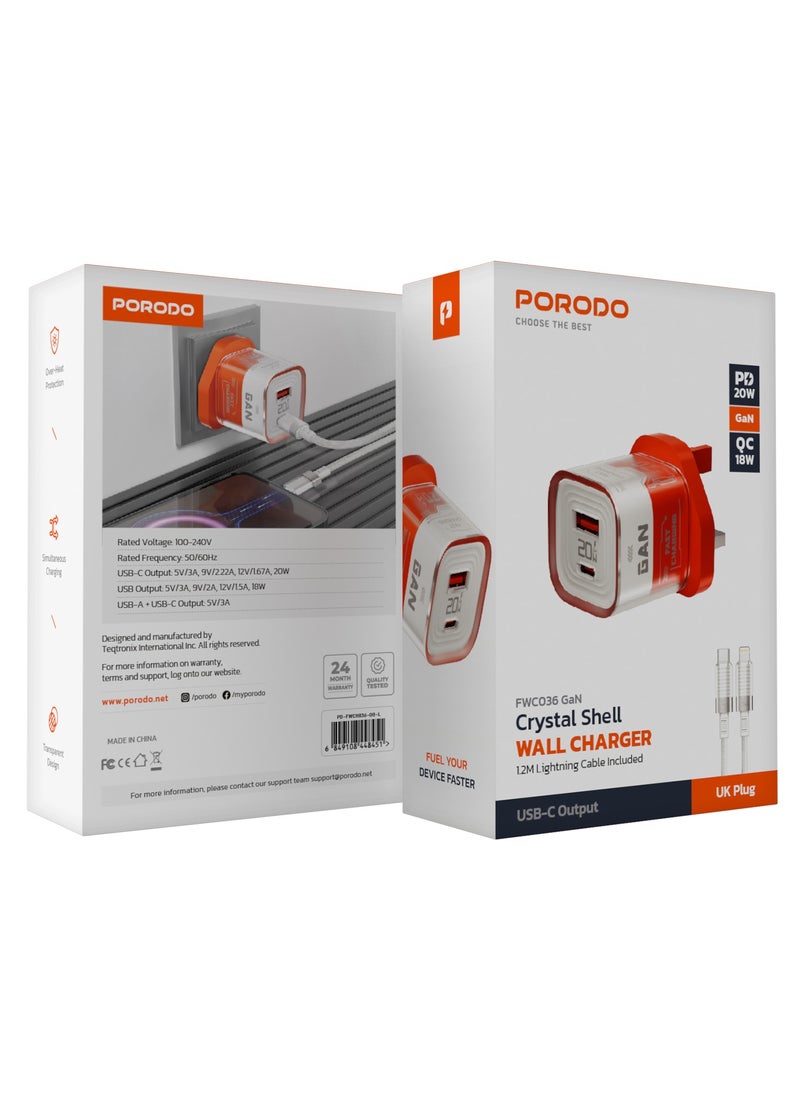 Crystal Shell GaN Wall Charger PD 20W Fast Charging UK Plug with 1.2M Lightning Cable Included / USB-A & USB-C Output / Transparent Design / Over-Heat Protection / Simultaneous Charging - Orange