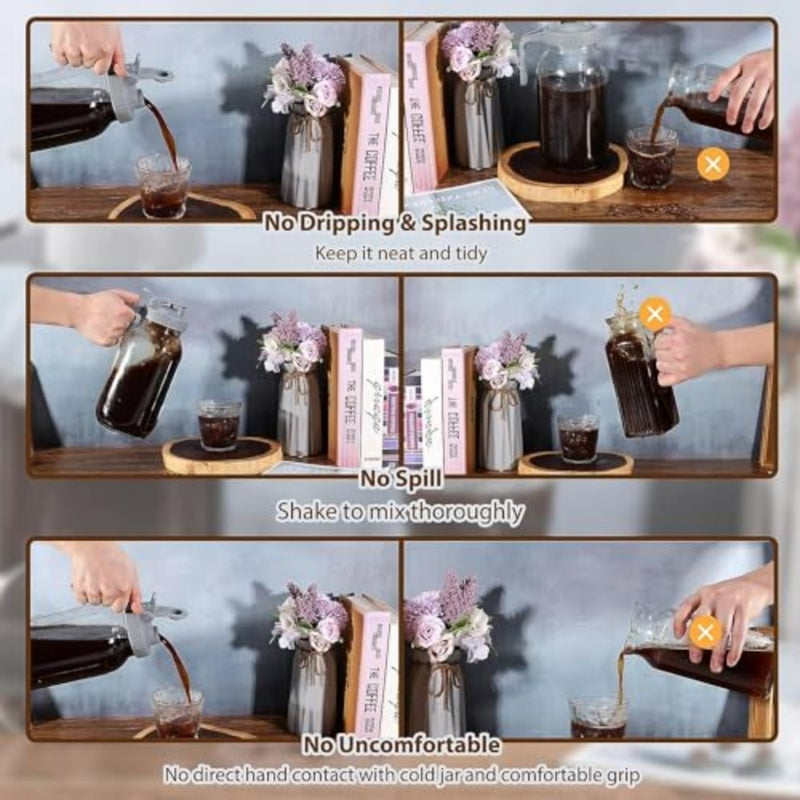 Cold Brew Coffee Maker Pitcher for Iced Coffee Ice Lemonade Fruit Drinks Sun Tea, 64 Oz Heavy Duty Wide Mouth Glass Mason Jar with Stainless Steel Filter Pour Spout Lid, Clear - Image 4