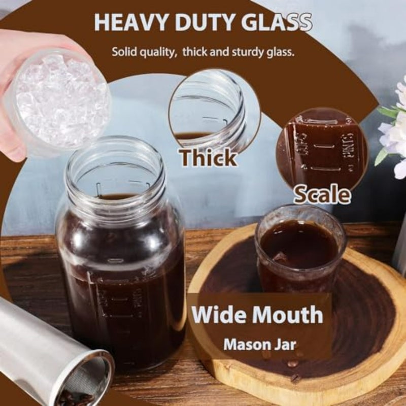 Cold Brew Coffee Maker Pitcher for Iced Coffee Ice Lemonade Fruit Drinks Sun Tea, 64 Oz Heavy Duty Wide Mouth Glass Mason Jar with Stainless Steel Filter Pour Spout Lid, Clear - Image 1