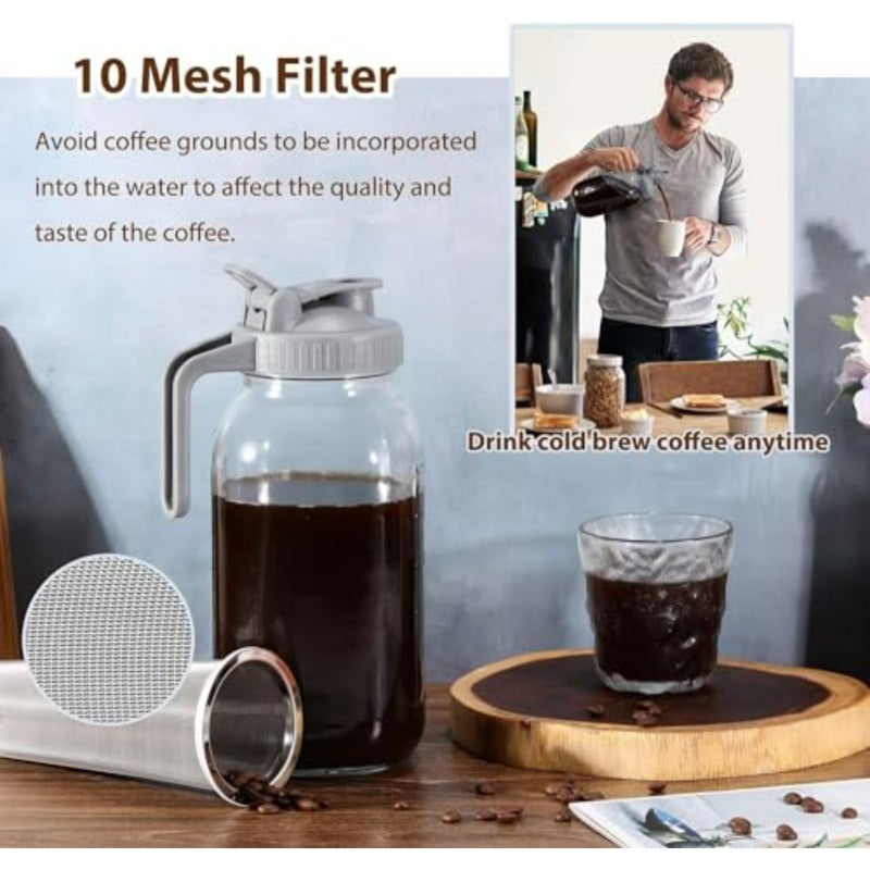 Cold Brew Coffee Maker Pitcher for Iced Coffee Ice Lemonade Fruit Drinks Sun Tea, 64 Oz Heavy Duty Wide Mouth Glass Mason Jar with Stainless Steel Filter Pour Spout Lid, Clear - Image 3